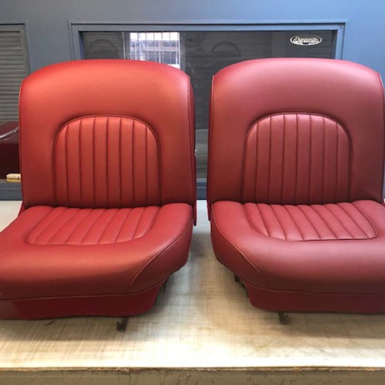 Jaguar MK2 (340) Front Seat Frames re-upholstered in Matador Red Vinyl and Red Moquette.