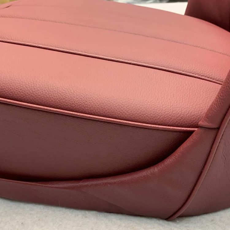 Triumph TR2 Front Seats trimmed in Maroon Leather & Vinyl ("LeatherFaced") Covers.