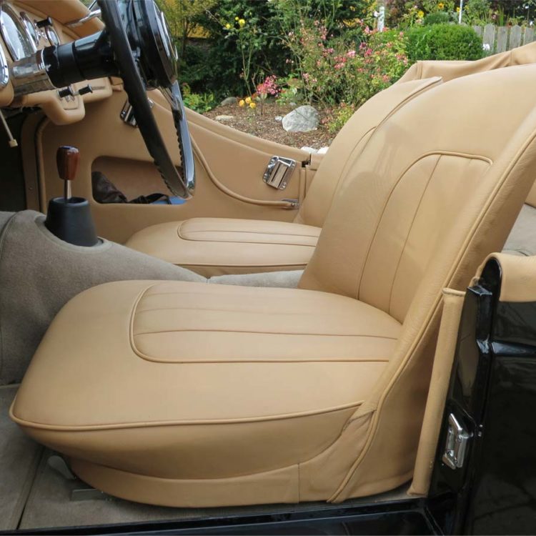 Triumph TR3 fitted with Biscuit Light Tan Leather Seat Covers, Fawn Wool Carpets, with Leather Door Cappings and Draught Excluders.