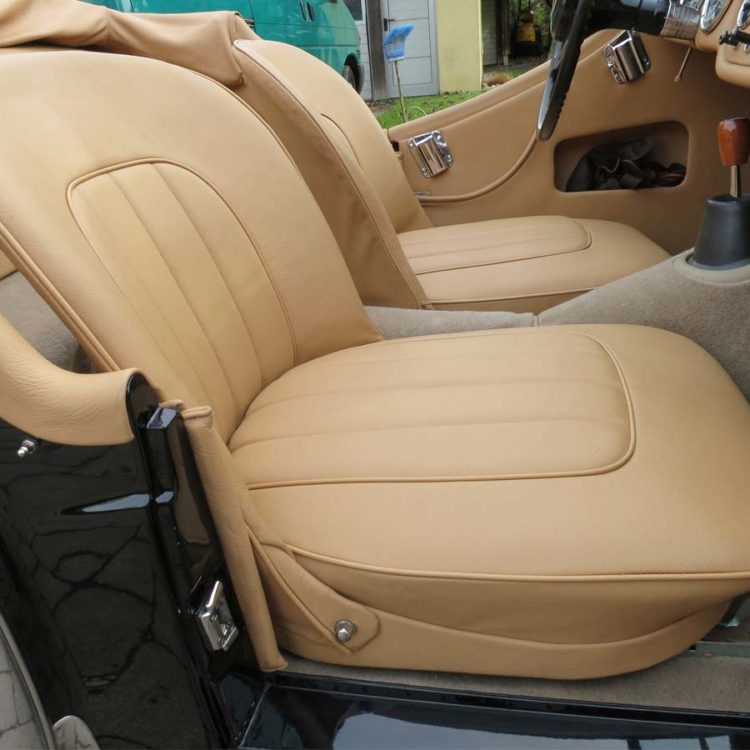 Triumph TR3 fitted with Biscuit Light Tan Leather Seat Covers and Interior Panels, with Fawn Wool Carpets.