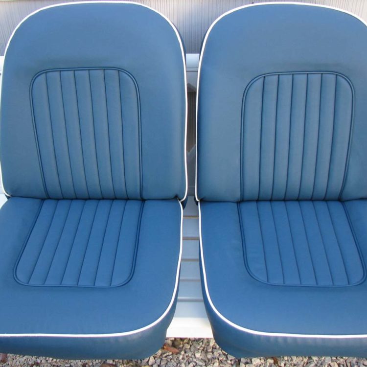 Triumph TR4A Front Seats fully trimmed in Midnight Blue Leather and Vinyl.