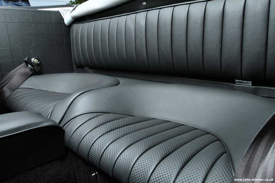 Austin Healey 3000 Mark 3 BJ8 interior showing black Leather Seats with a Perforated Embossed finish